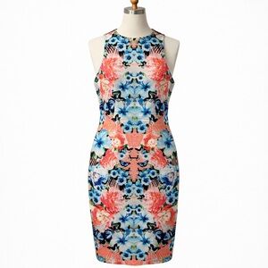 Maggy London Floral Sheath Dress Size 6 Sleeveless Zip Back Midi